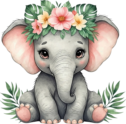 Bügelbild kleiner Elefant mit Blumen