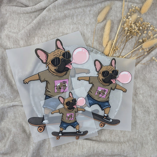 Bügelbild Bulldogge auf Skateboard